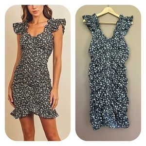 {The Native One} Daisy Ruched Mini Dress with Ruffle Sleeves & Hem - Large - NWT